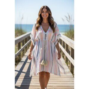 Z&L White/Pink Striped Multicolored Boho Pom Pom Frayed Hem Tunic/Midi Dress Sid